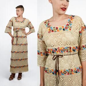 Vintage 1970s Lace Mexican Maxi Dress Rainbow Embroidered Floral Tiered | S/M